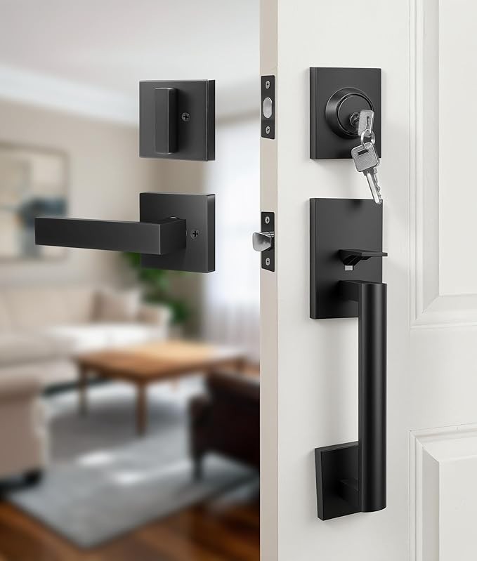 Front Door Lock Set with Adjustable Deadbolt & Reversible Handle, Black gallery