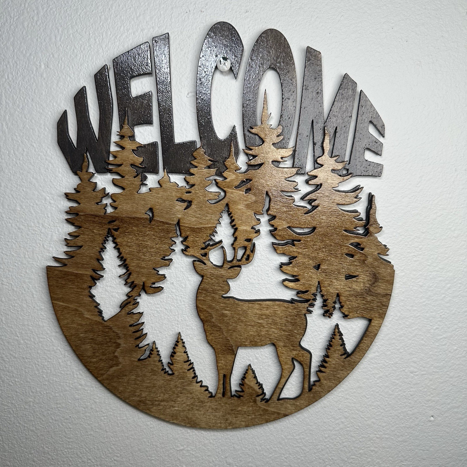Rustic Woodland Welcome Sign Deer Forest Trees Laser Cut Cabin Wall Decor 11"x9" gallery
