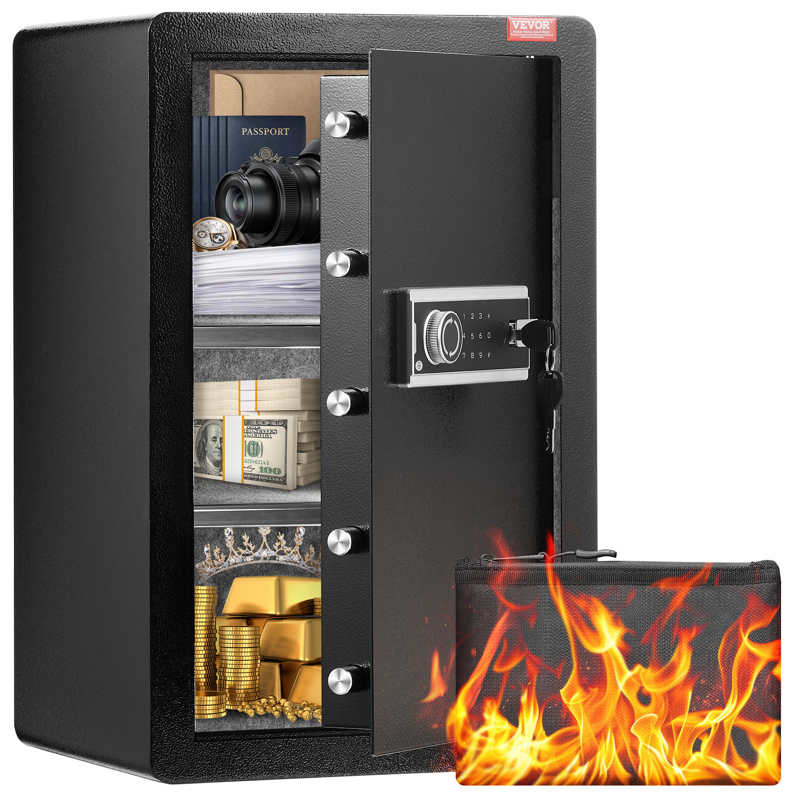 VEVOR Single Door 3.5 cu.ft Safe Box with Key Lock & Password LED Light Black gallery