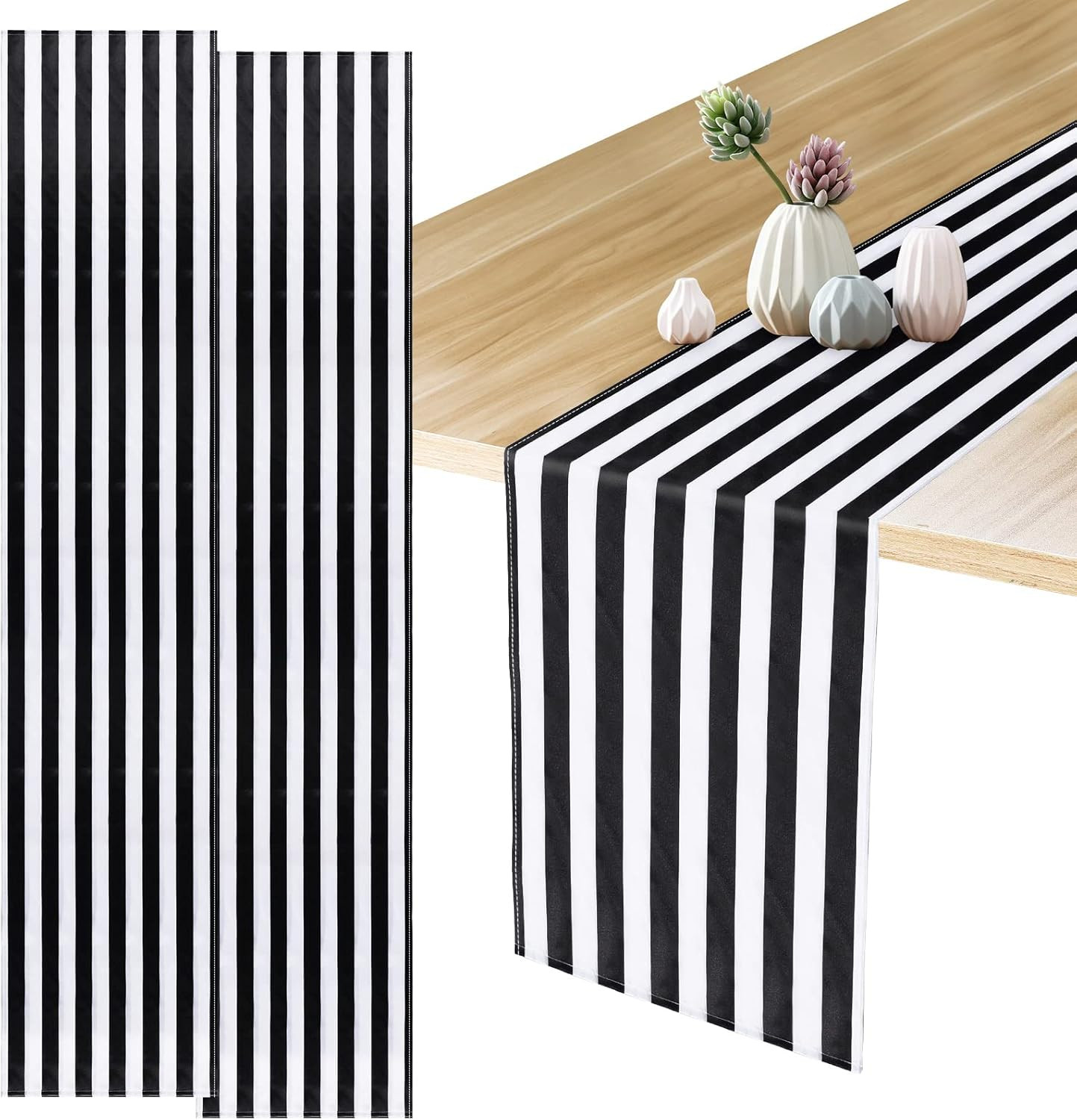 2 Pcs Black and White Striped Table Runner 12 x 108'' Polyester Tablecloth Moder gallery