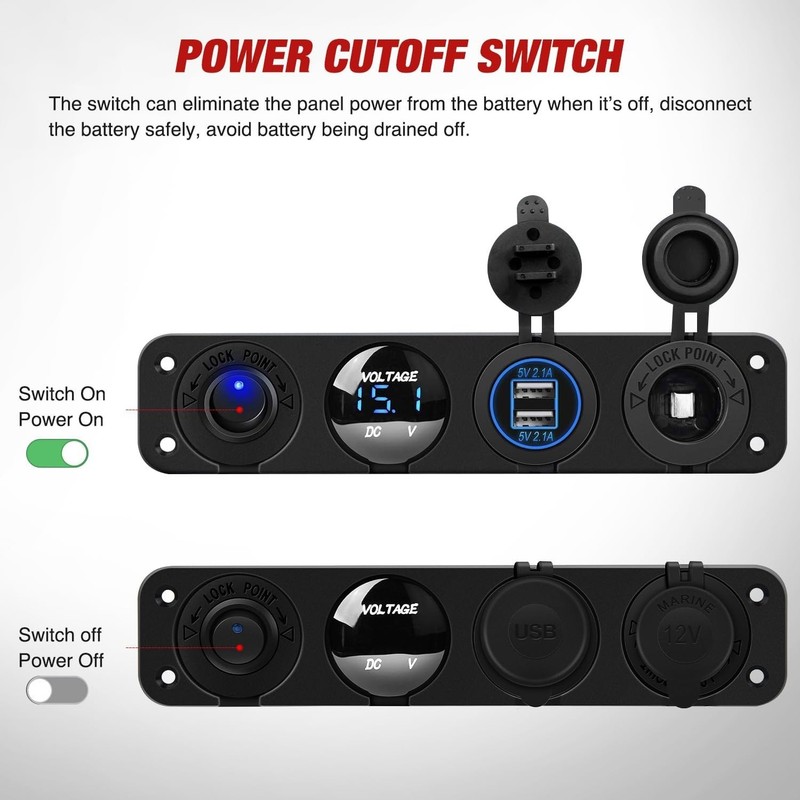 12 Volt Dual USB Charger Panel with LED Voltmeter and Toggle Switch - 10A Fuse gallery