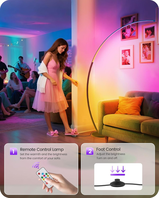 Dimmable RGBW Arc Floor Lamp with Remote, 75” Color Changing LED Light gallery