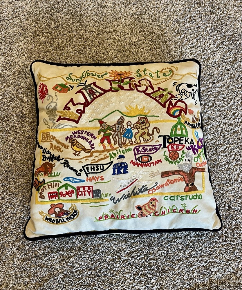 Catstudio Geography Collection Hand Embroidered Pillow Kansas 20” 2014