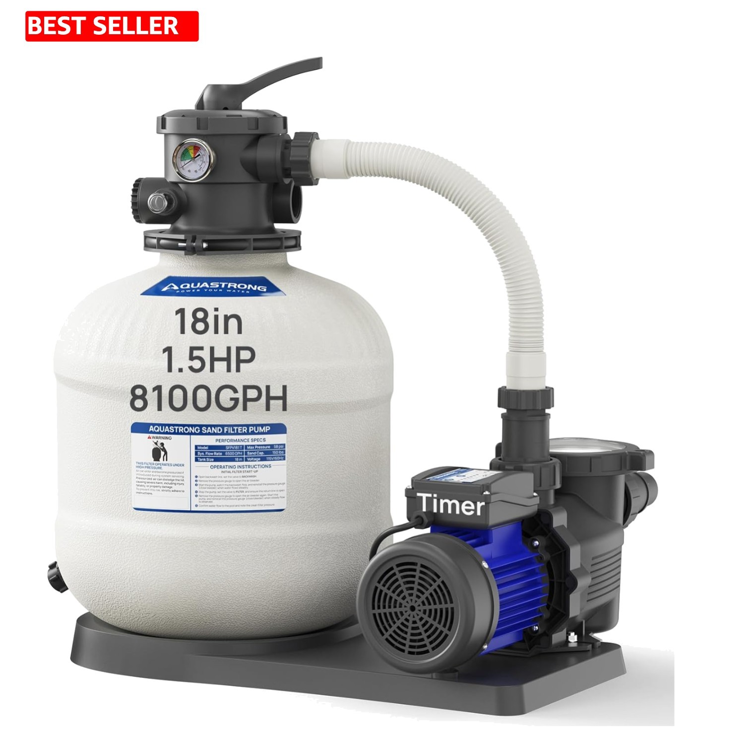 Durable 18in Sand Filter Pump for Above Ground Pools - 24-hour Timer & gallery