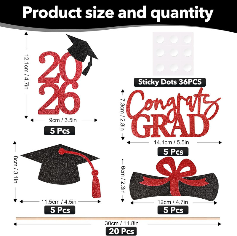 20 PCS Graduation Decorations Class of 2026, Black and Red Double-Sided Centerpi gallery
