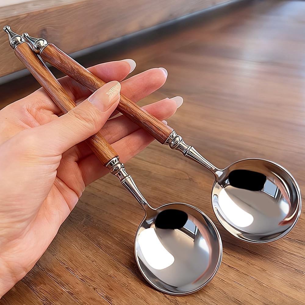 2Pcs Round Spoon Imitation Wood Handle Ice Cream Dessert Coffee Soup Spoons gallery