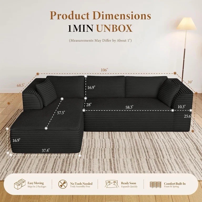 Neche 106" Boneless Couch with Chaise, Deep Seat Comfy Cloud Modular Sofa gallery