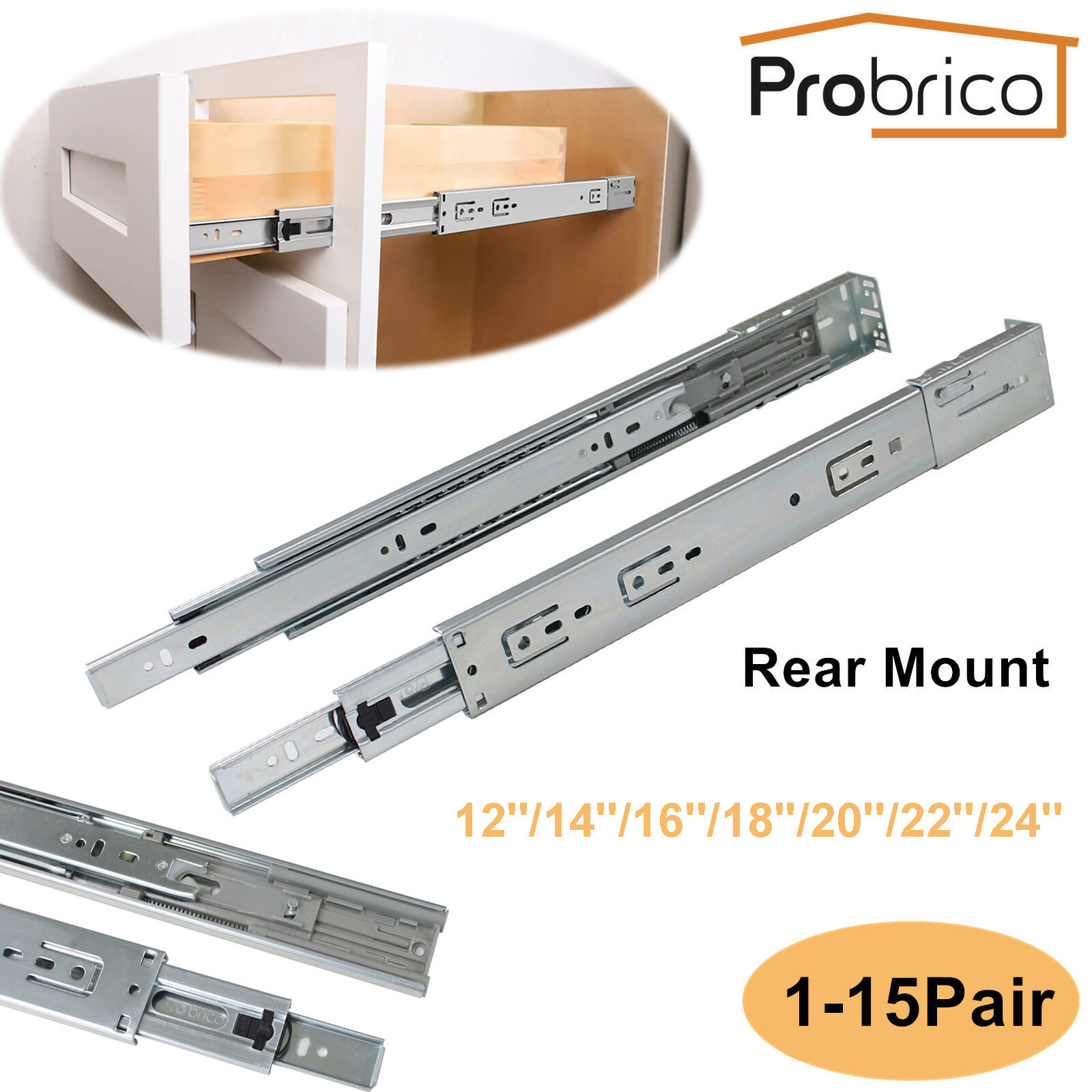 12-22In Soft Close Full Extension Drawer Slides Rear Mount Ball Bearing+Brackets gallery