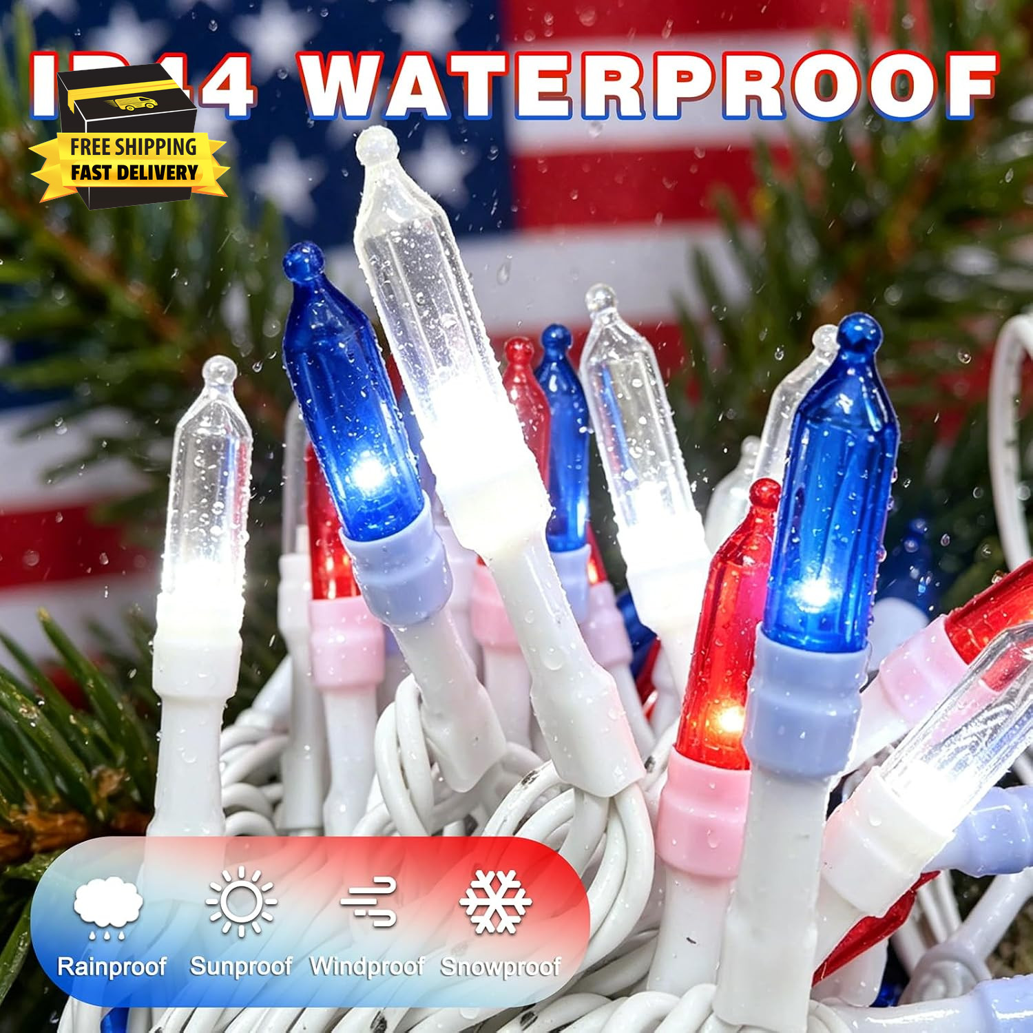 33FT 100 LED Mini Patriotic String Lights, White Wire 4 Inch Spacing Plug-In Wat gallery