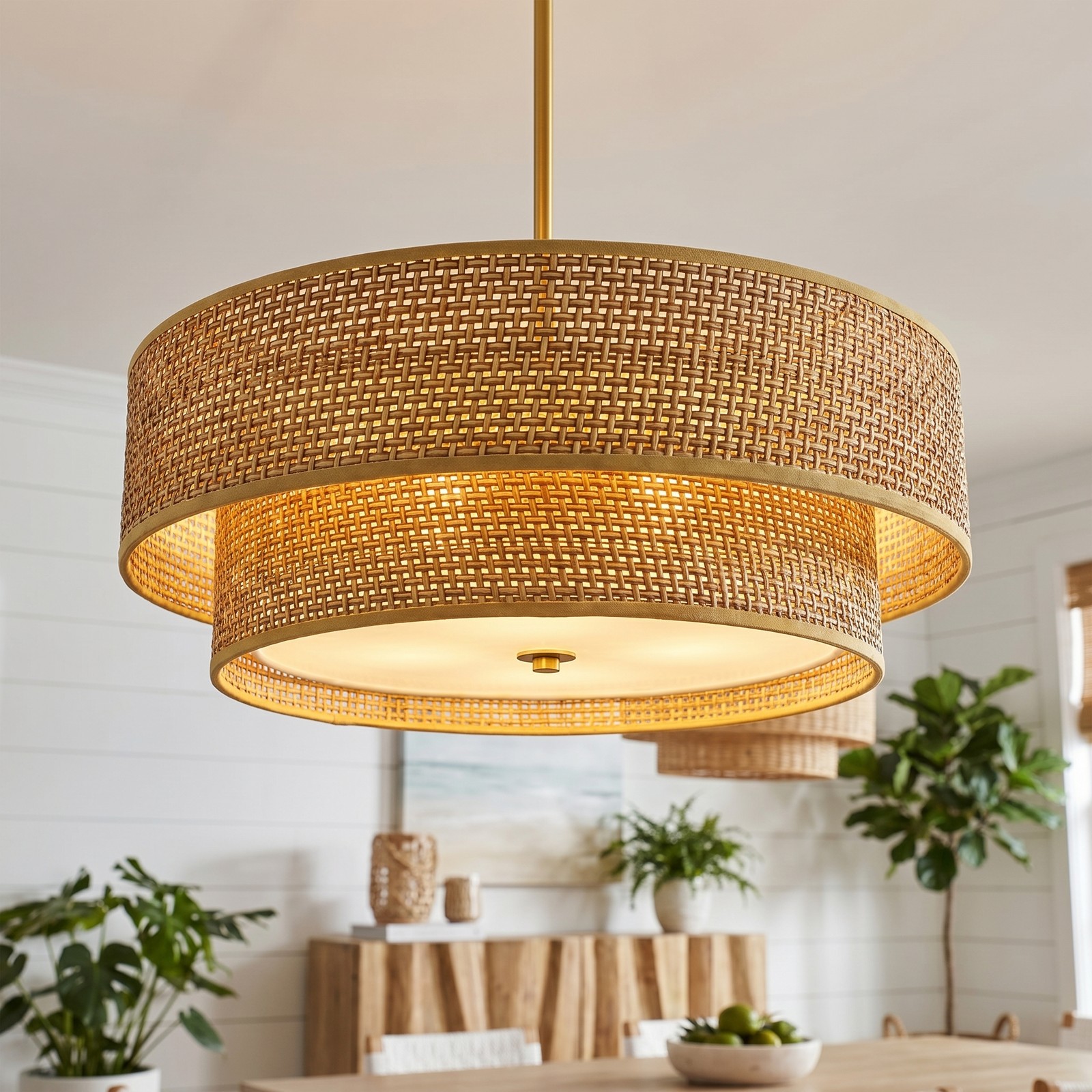 18'' Boho Pendant 3 Light Woven Rattan Linen Chandelier for Living Room Fixture gallery