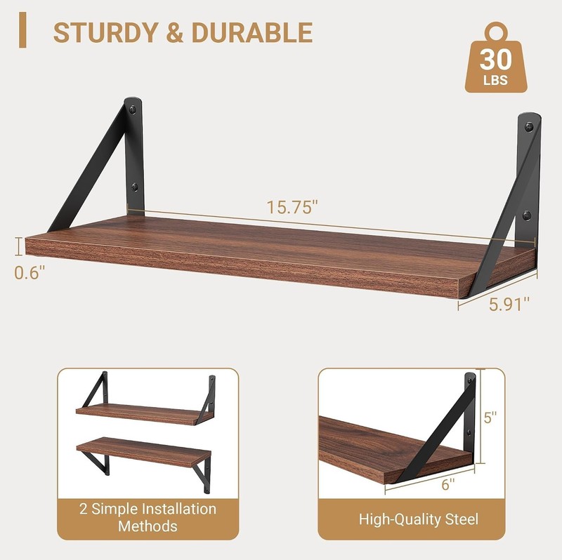 16-Inch Rustic Walnut Floating Shelves Set - Durable and Stylish Home Storage gallery