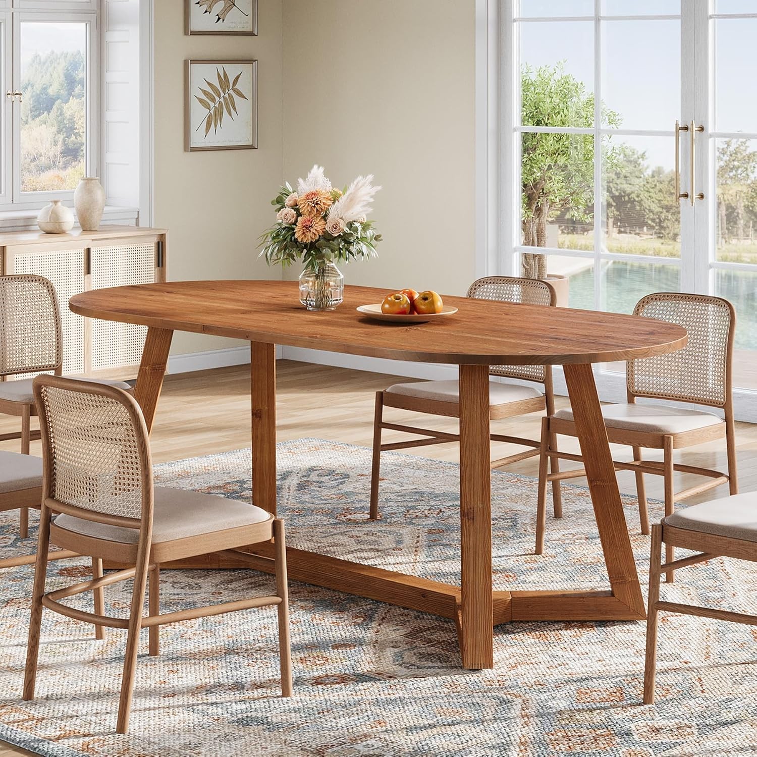 63 Inch Oval Dining Table, Farmhouse Solid Wood Kitchen Table for 4-6 People gallery