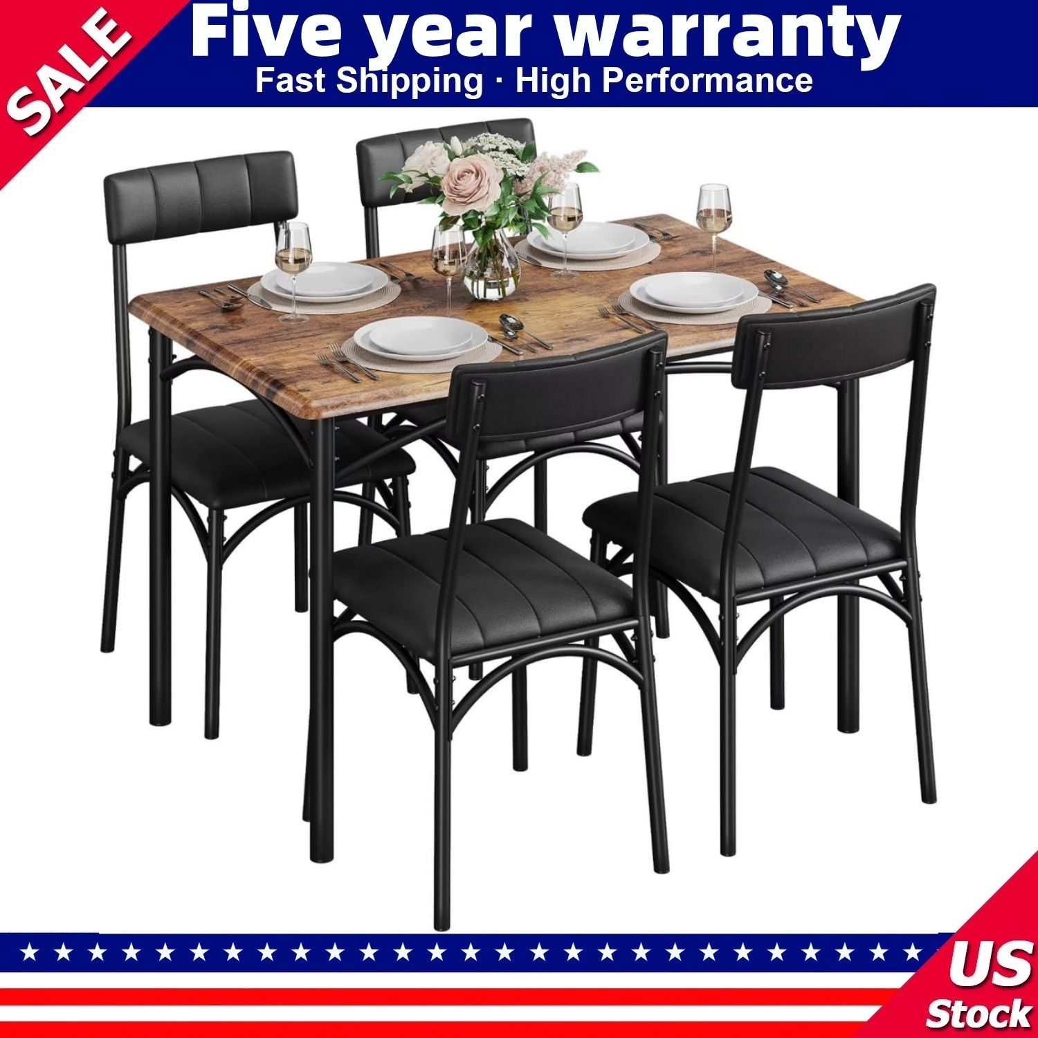 🔥Dining Table Set for 4 Kitchen Table and Chairs Metal and Wood Upholstered Cha gallery
