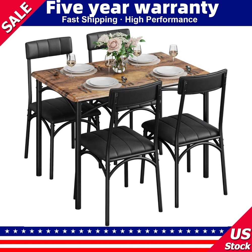 🔥Dining Table Set for 4 Kitchen Table and Chairs Metal and Wood Upholstered Cha