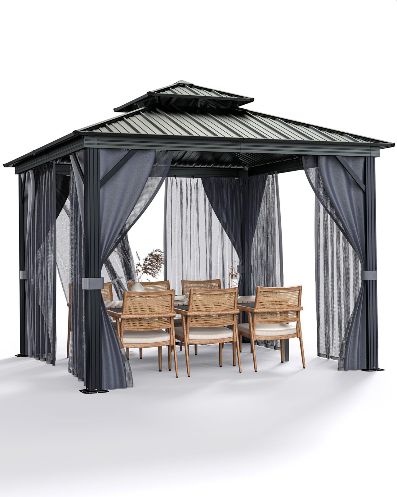 Aluminum Frame Hardtop Gazebo Double Metal Roof Mosquito Netting Privacy Curtain gallery
