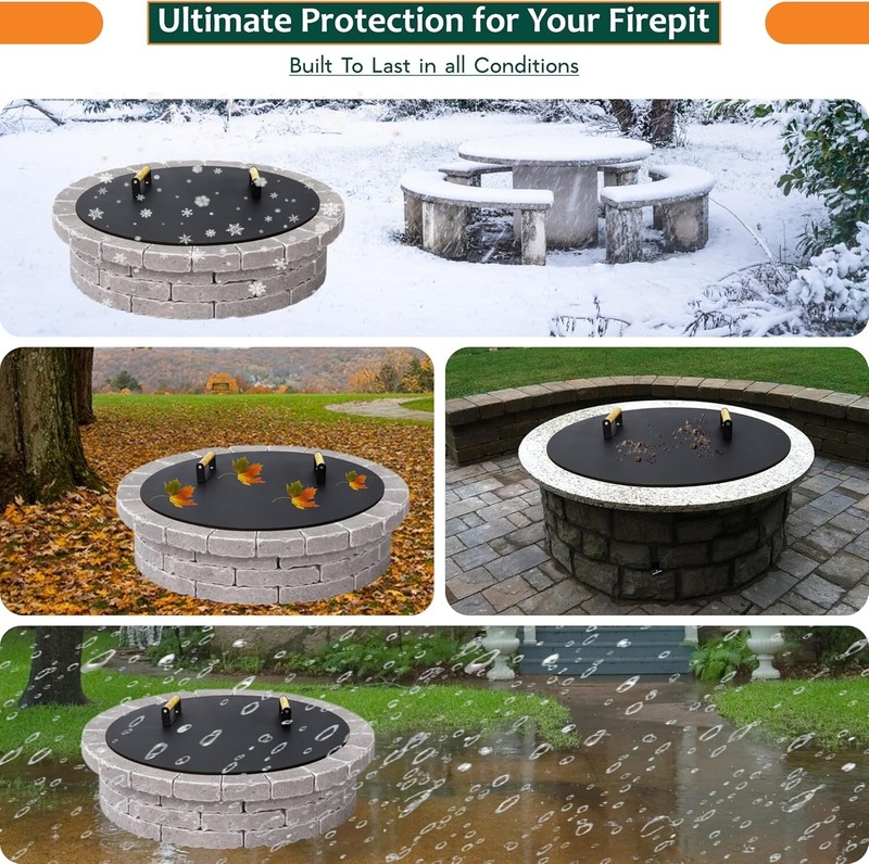 Round Fire Pit Lid - 28 inch fire pit cover Metal with Wooden Handles gallery