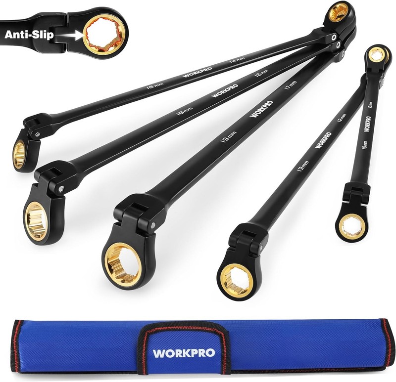 WORKPRO 5-piece Extra Long Flex-Head Ratcheting Wrench Set Anti-Slip w/Pouch NEW gallery