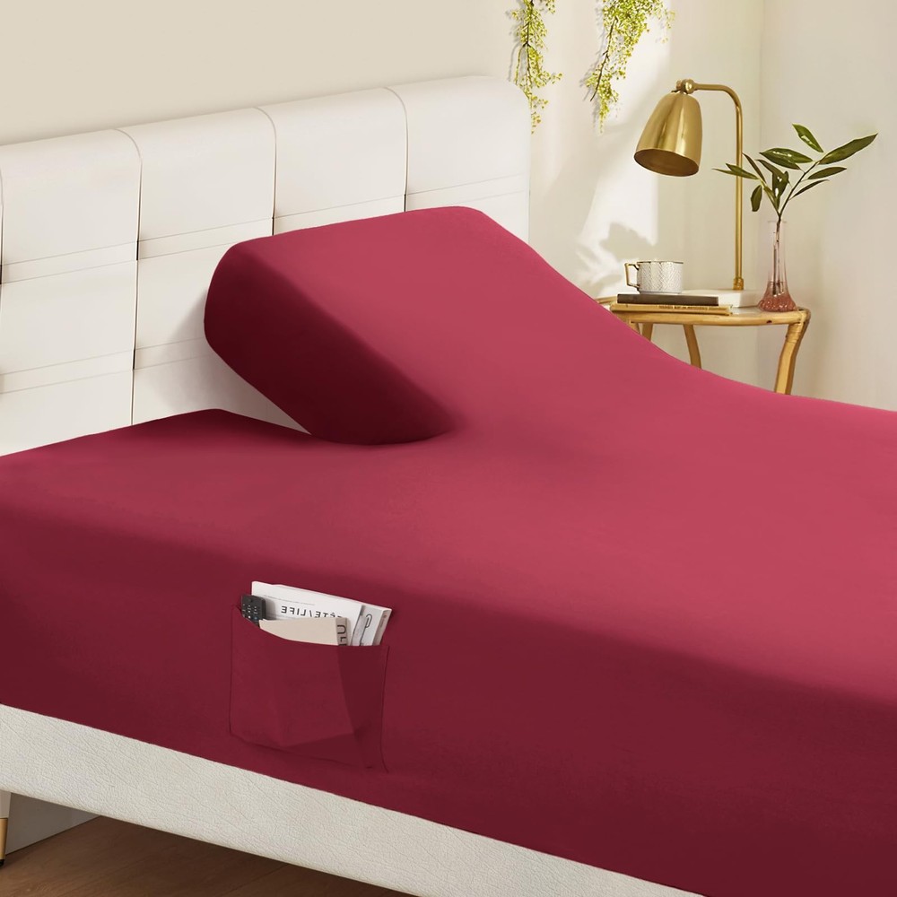 Split Top King Fitted Sheet, 16 Deep, Burgundy, Microfiber, Adjustable Bed