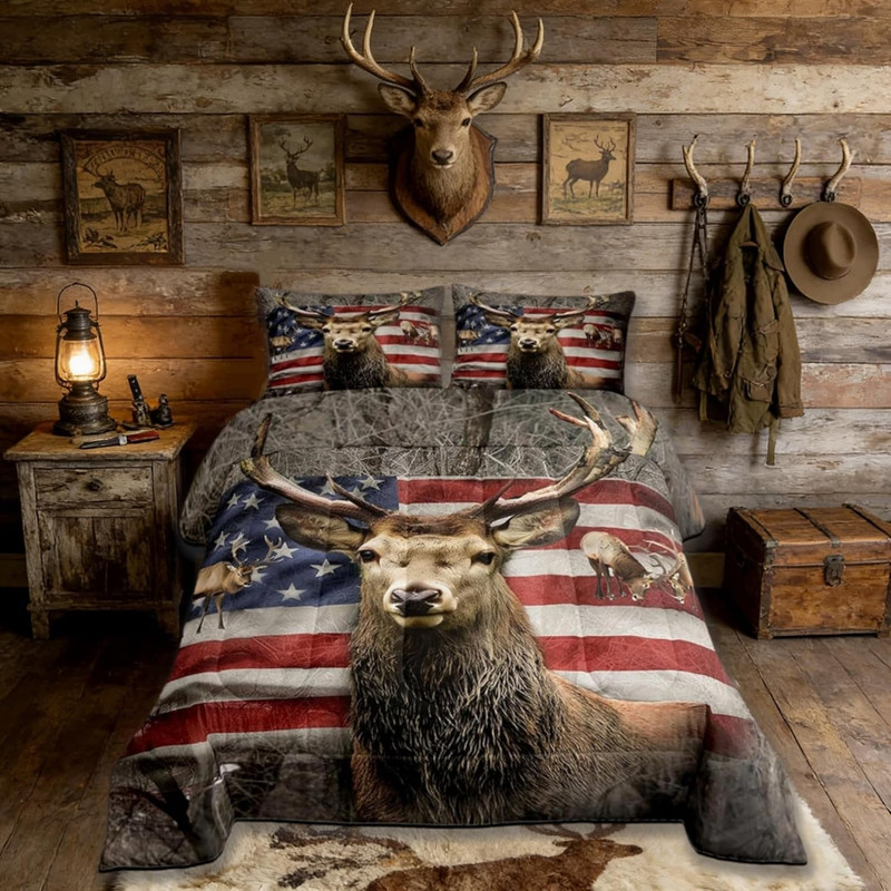 American Flag Deer Comforter Set Twin Size, Kids Boys Room Decor Brown Wildlife gallery