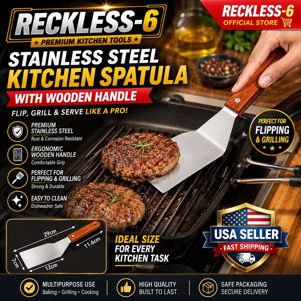 Metal Spatula Beveled Edges, Stainless Steel Spatula with Wood Handle gallery