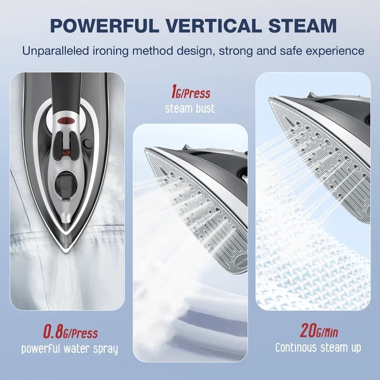 MOOSOO 1500W Cordless Steam Iron Ceramic Soleplate 350mL w/ Charging Base gallery
