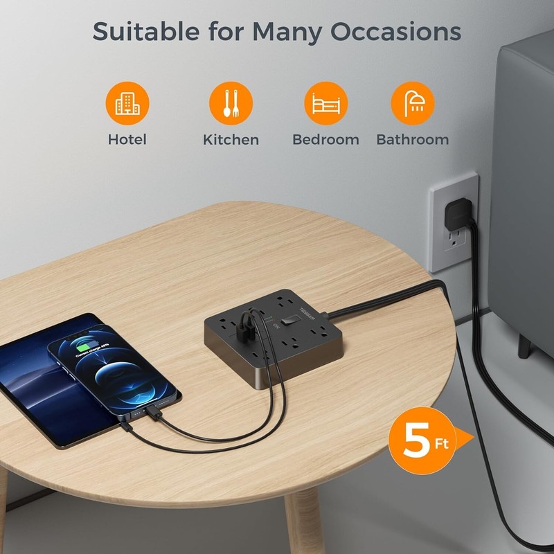 TESSAN Surge Protector Power Strip Flat Plug Extension Cord 5/15 Ft for Indoor gallery