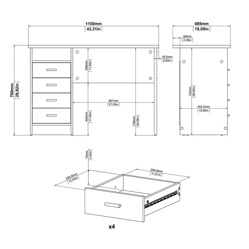 44 In. Rectangular Black Woodgrain 4 Drawer Writing Desk with Built-In Storage gallery