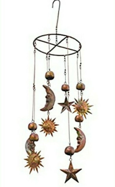 SUN MOON & STARS CELESTIAL HANGING MOBILE CHIME WIND CATCHER PATINA COPPER gallery