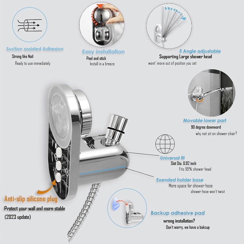 Handheld Shower Head Holder - 5 Positions Adjustable + 90° downwards - Adhesive gallery