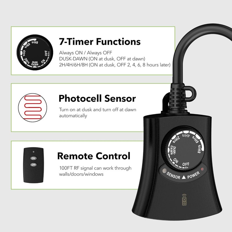 HBN Outdoor Light Timer with Remote Control, Waterproof Light Sensor, 2 Outlets gallery