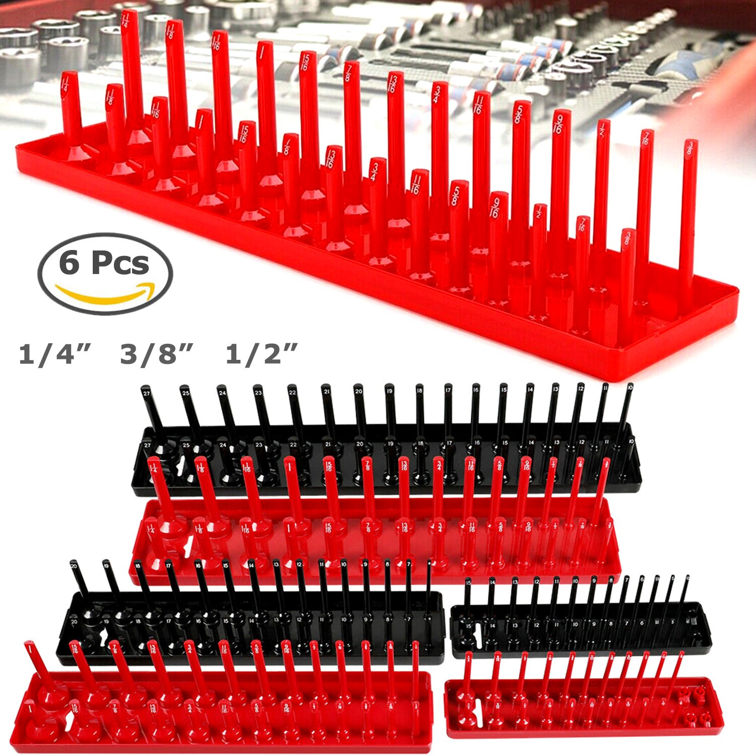 6PC Socket Organizer Tray Set Hold 90 Metric&76 SAE Socket 1/4" 3/8" 1/2" Drive gallery