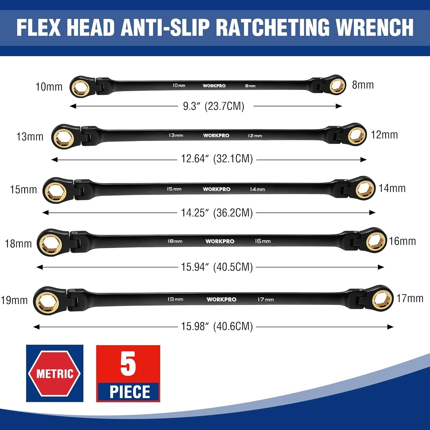 WORKPRO 5-piece Extra Long Flex-Head Ratcheting Wrench Set Anti-Slip w/Pouch NEW gallery