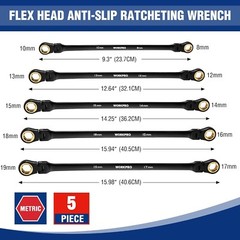 WORKPRO 5-piece Extra Long Flex-Head Ratcheting Wrench Set Anti-Slip w/Pouch NEW