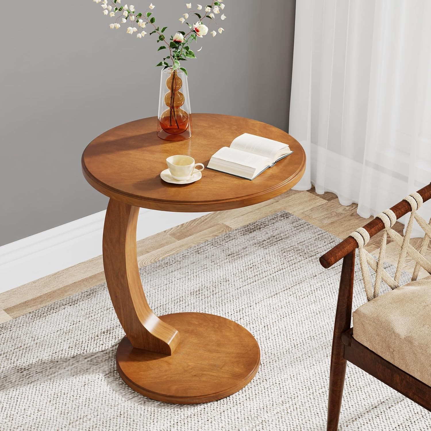 Wooden C-Shaped End Table, Mid-Century Modern Side Sofa Table for Living Room gallery