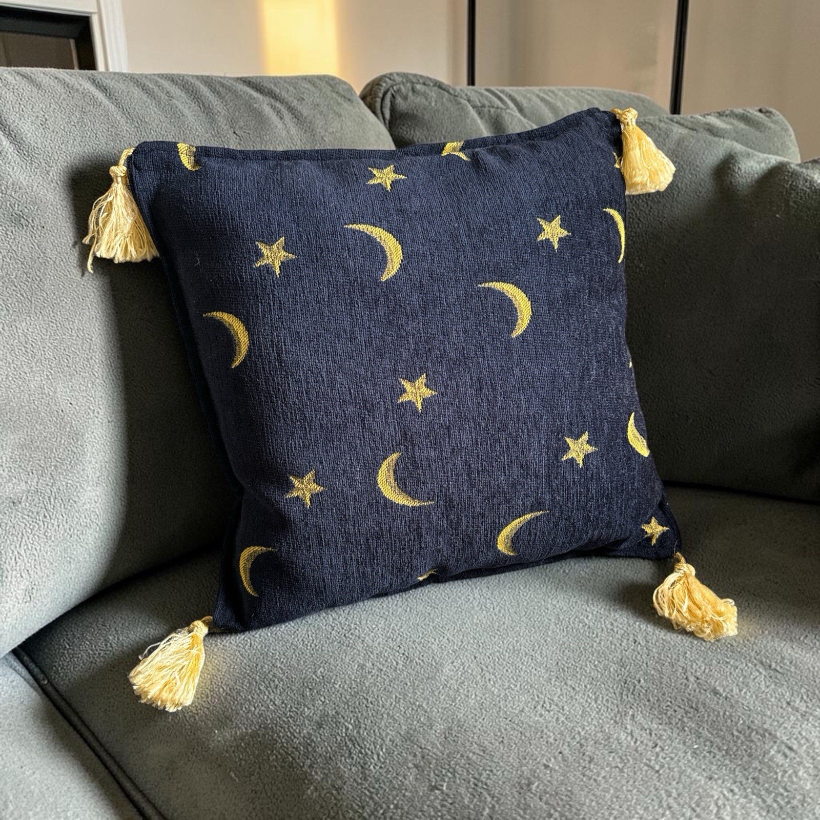 Celestial Sun Moon Stars Square Tassel Pillow Blue Gold 16x16in gallery