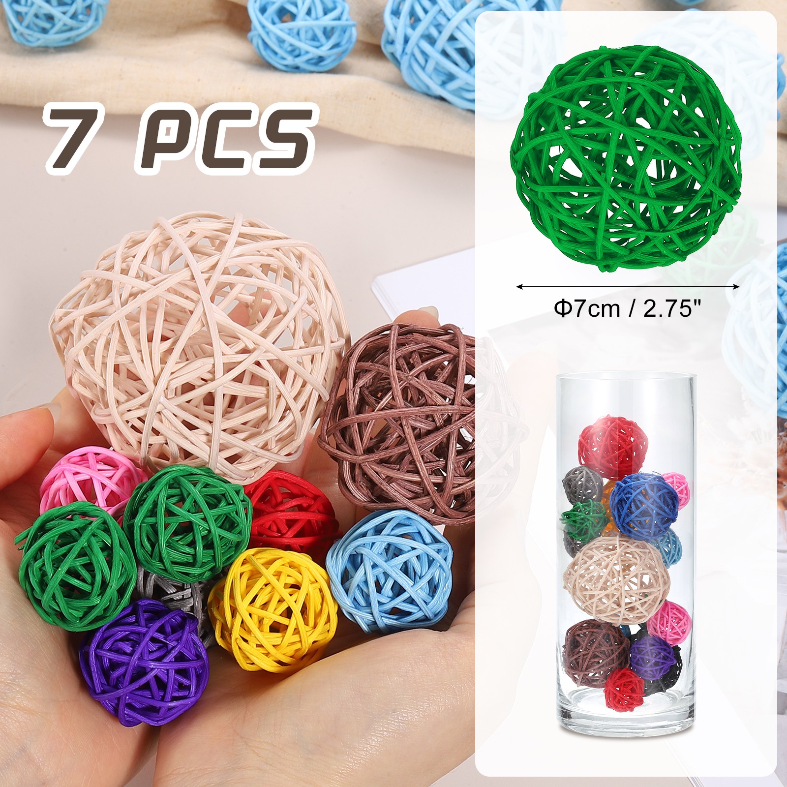 7Pcs Wicker Rattan Balls, 2.75 in Dia Rattan Decorative Balls, Green gallery