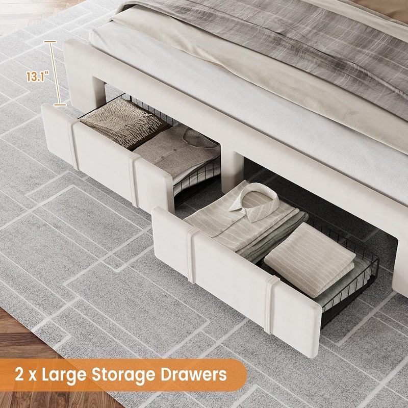 Full Queen King Bed Frame, Upholstered Platform Bed Frame with 2 Storage Drawers gallery