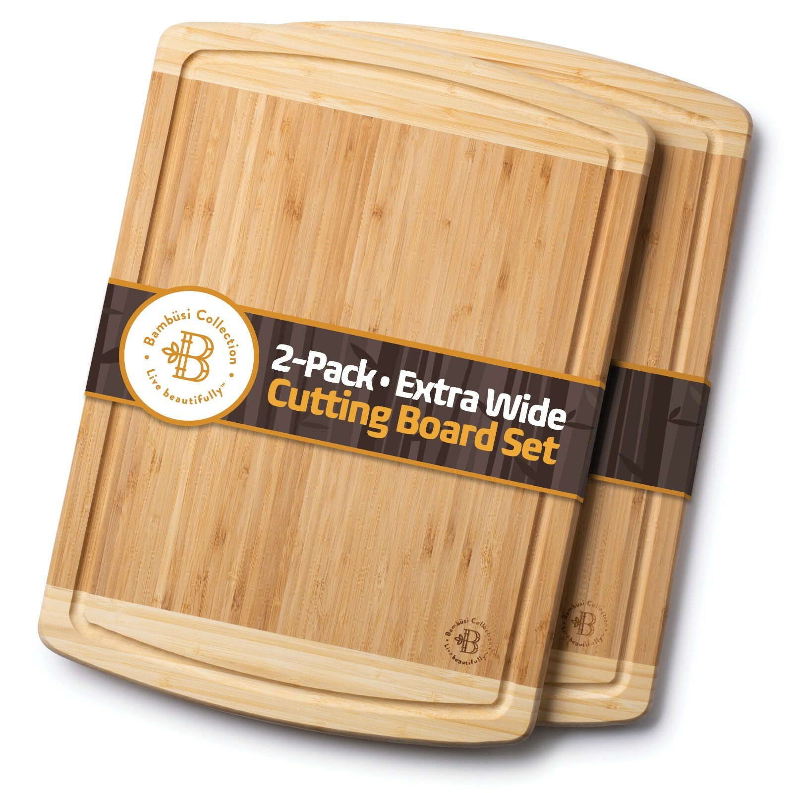 Premium Thick Bamboo Cutting Board Set of 2-Juice Grooves. By Bambusi gallery