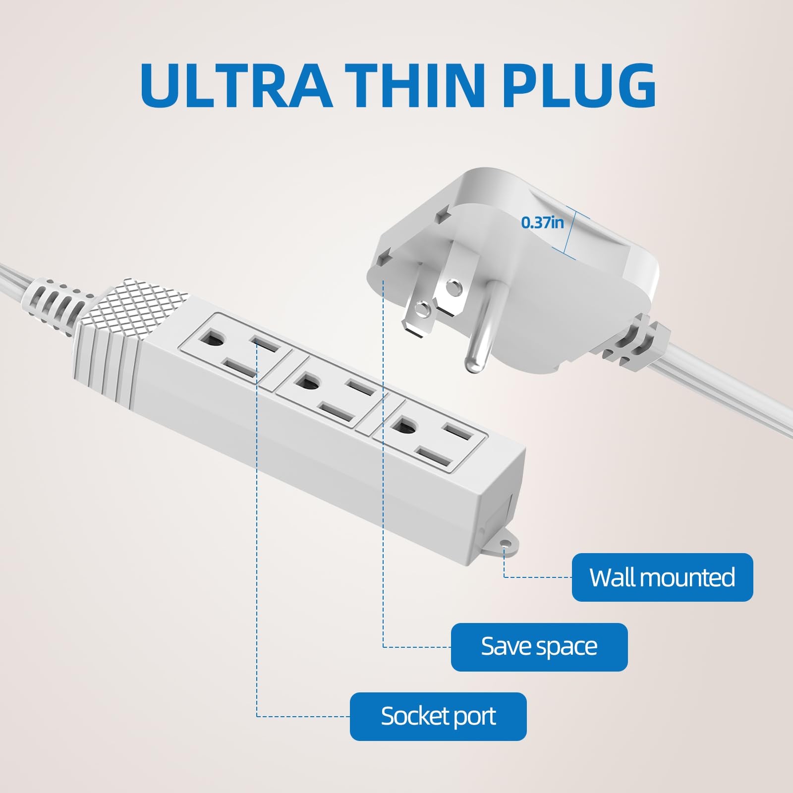 12 Feet 3 Prong Flat Plug Outlet Strip Twin Extension Cord 13A/1625W 16 AWG gallery