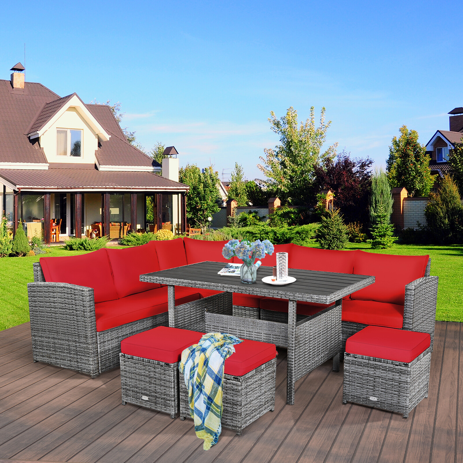 Patiojoy 7 PCS Patio Rattan Dining Set Sectional Sofa Couch Ottoman Outdoor Red gallery