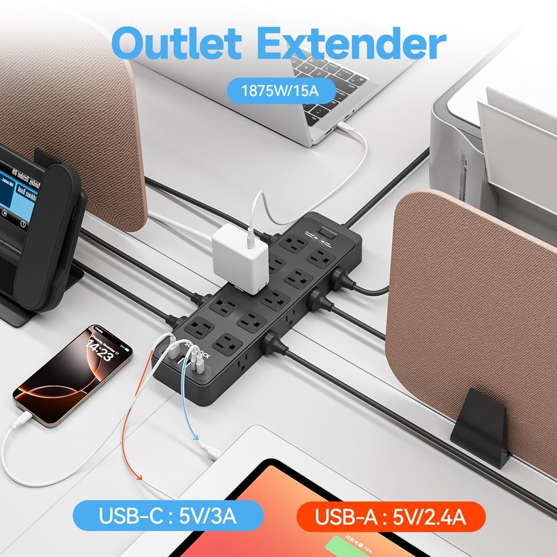 Flat Plug Power Strip Extension Cord with Multiple Outlets: 20 AC Outlets and... gallery