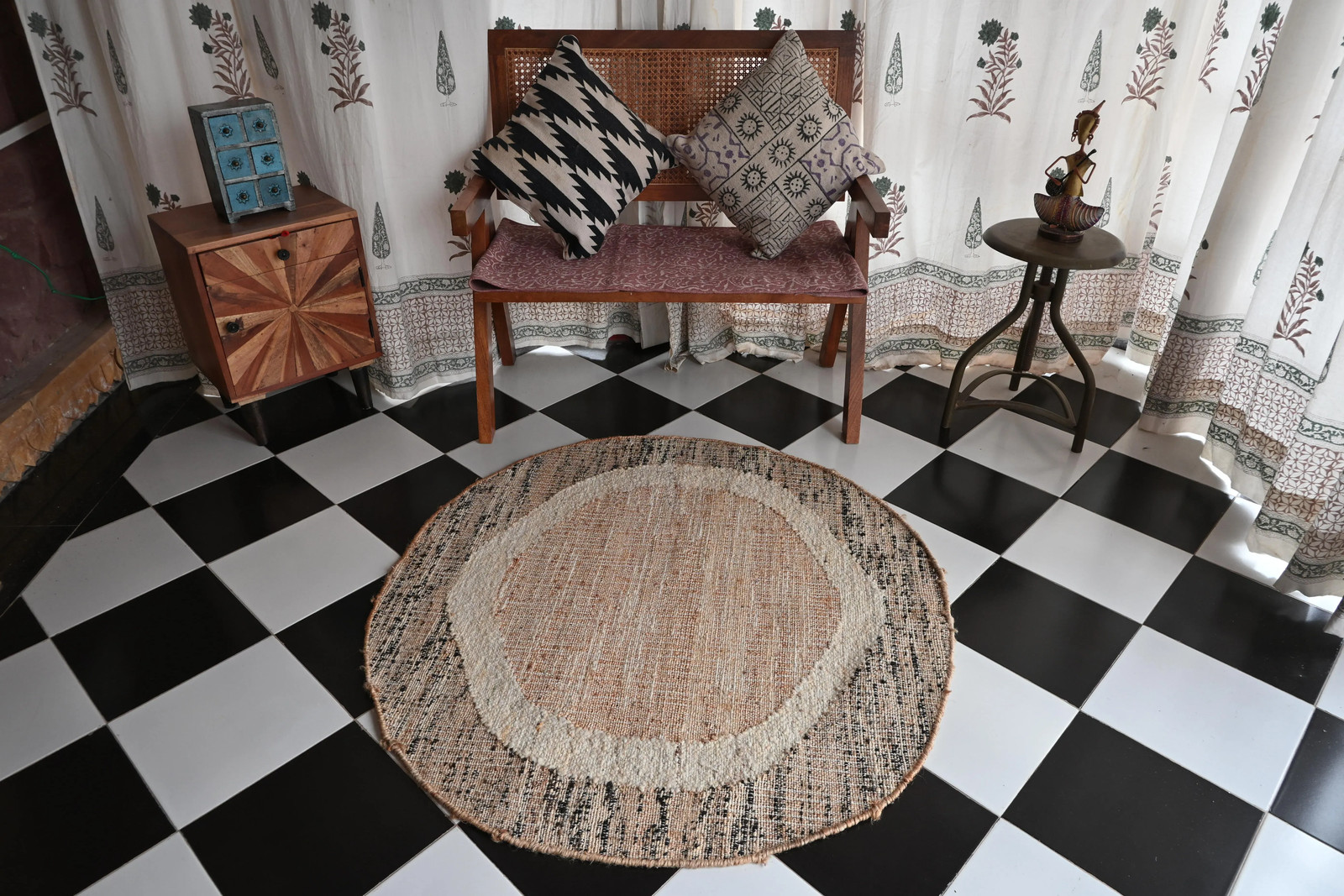 Rugmoda Jute Round Rug 3x3 ft Natural Black Banded Bohemian Living Room Rug gallery