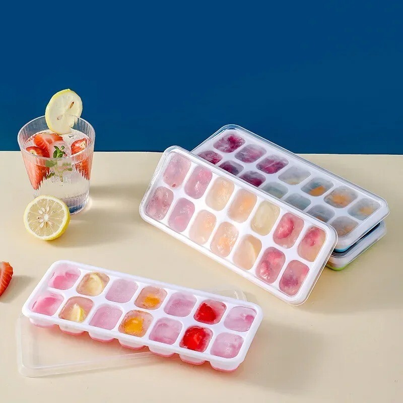 14-Cube Silicone Ice Tray with Lid, Soft Bottom, Easy Release for DIY Cold Drink gallery