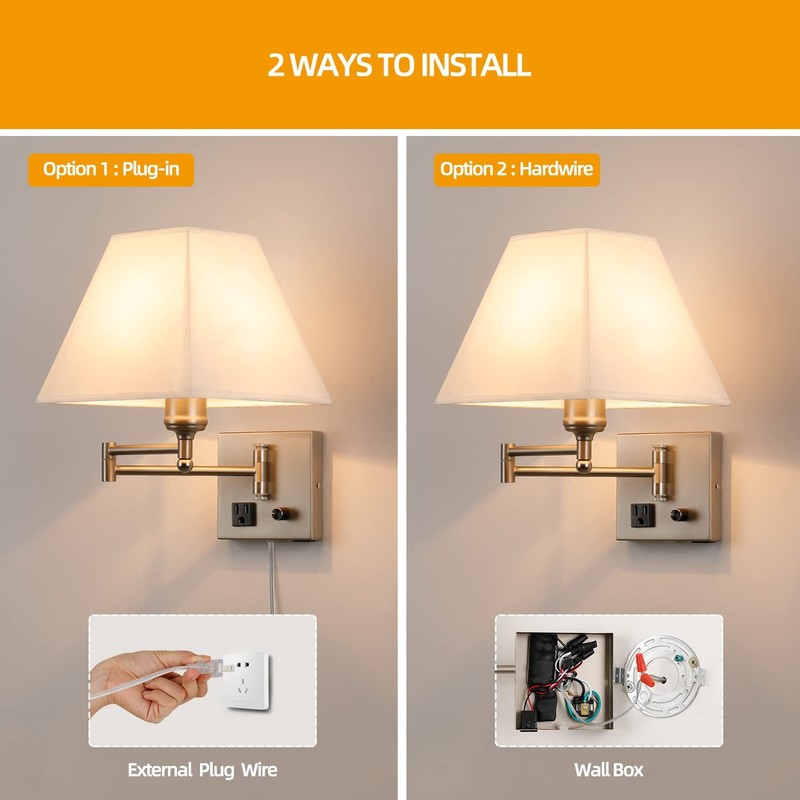 Plug in Wall Light,Swing Arm Wall Sconces with USB Port and Outlet,Wall Lamp ... gallery