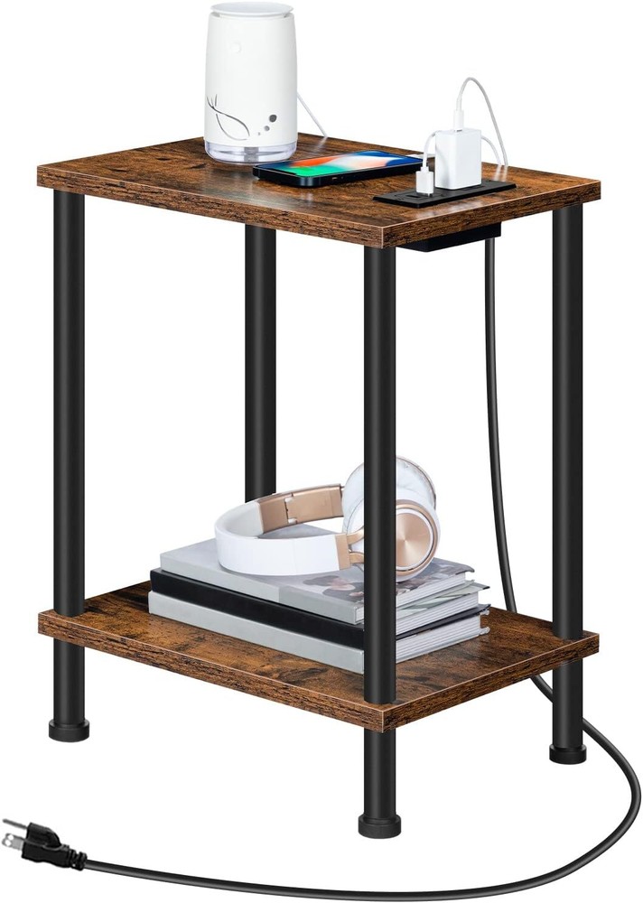 HOOBRO Side/End Table with Charging Station, USB Ports and Rustic Brown+black