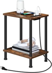 HOOBRO Side/End Table with Charging Station, USB Ports and Rustic Brown+black