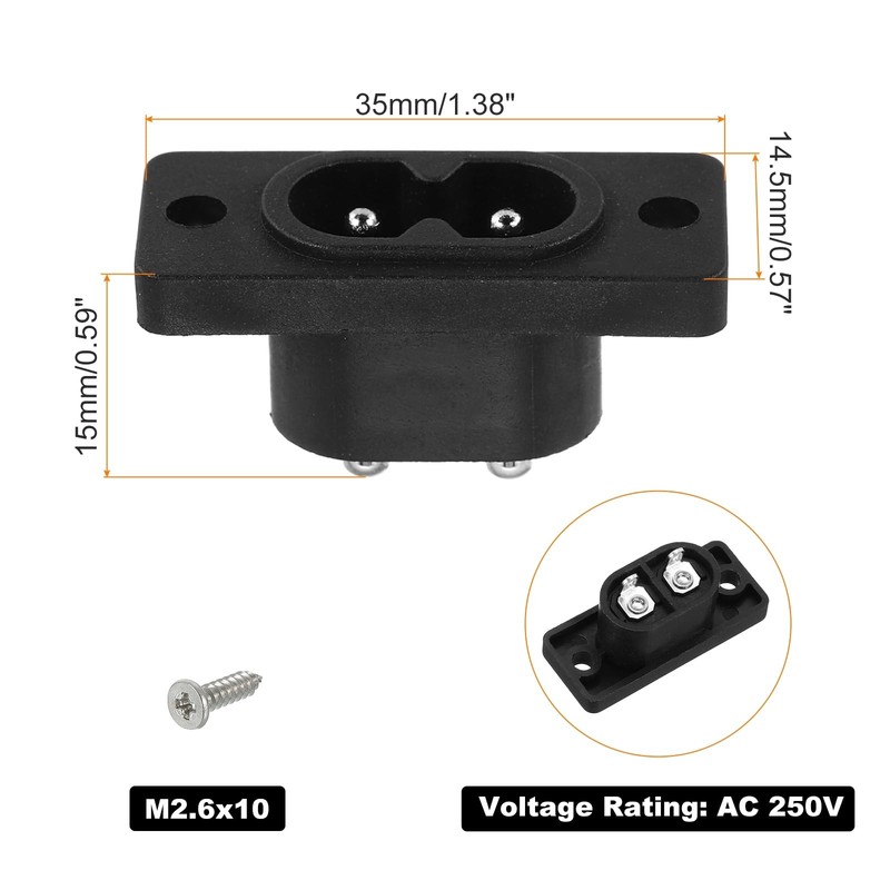 uxcell C8 Panel Mount Plug Adapter AC 250V 6A 2P IEC Power W 2 black gallery