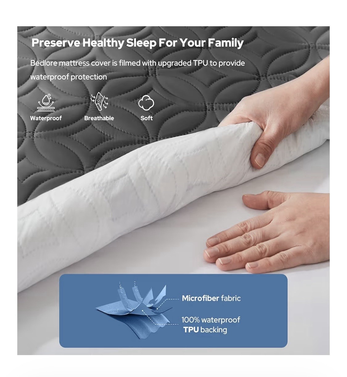 Bedlore King Gray Waterproof Breathable Quilted Mattress Pad 2 Pack Washable gallery