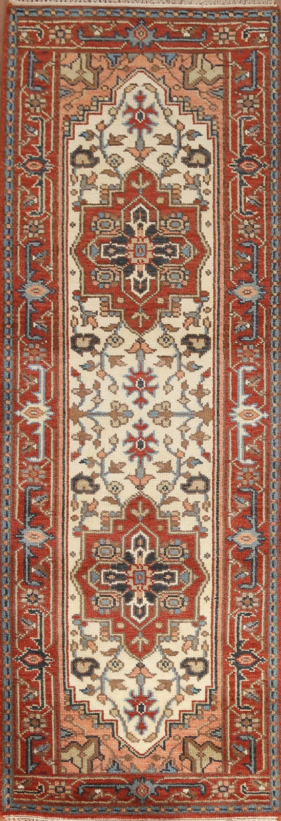 Geometric 8 ft Ivory Runner Rug Wool Hand-knotted Oriental Classic Carpet 3x8 gallery