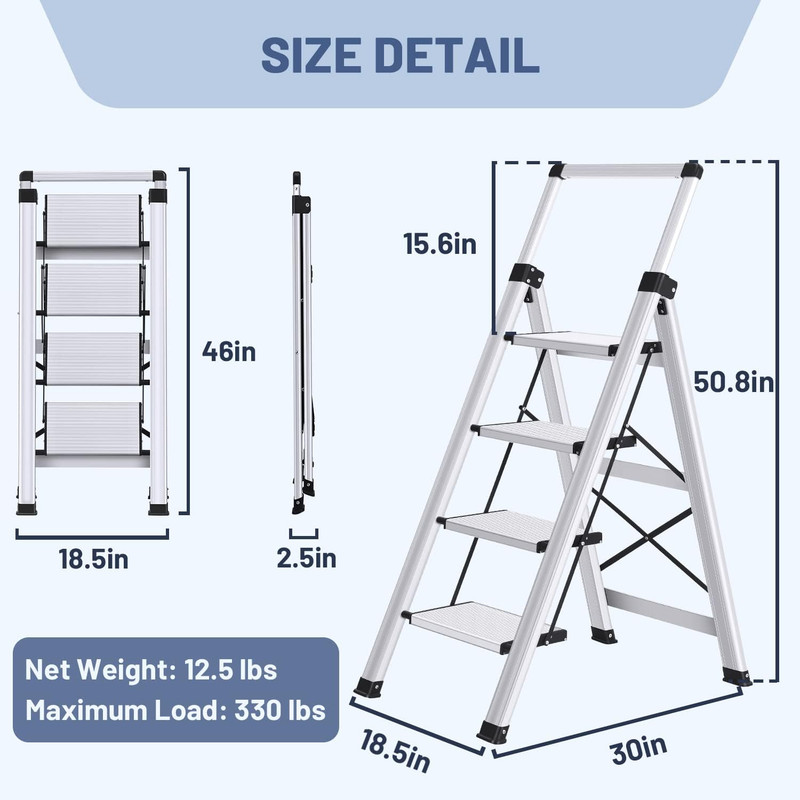 4 Step Ladder, Retractable Handgrip Folding Step Stool with Anti-Slip Wide Pedal gallery
